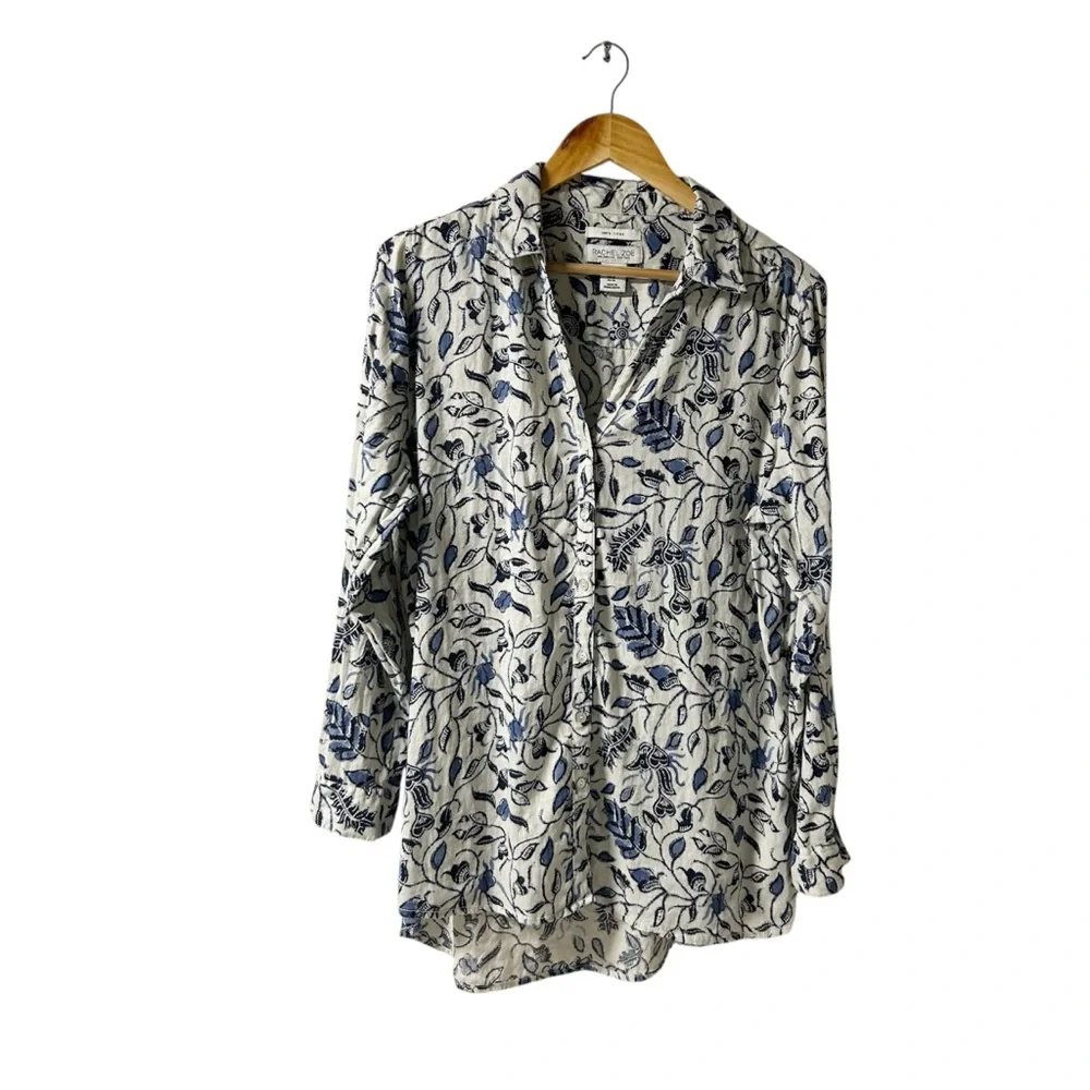 100% Linen Rachel Zoe Blue/Gray Floral Shirt Long Sleeves Roll Tab Buttons Sz M - Picture 2 of 10